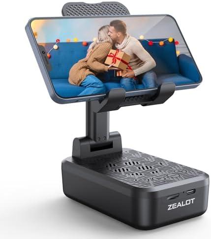 ZEALOT Cell Phone Stand with Wireless Bluetooth Speaker, Phone Holder and Wireless Induction Speaker Amplifier Dock Compatible with iPhone/ipad/Samsung,Gifts for Women Men Dad Him Her-Black