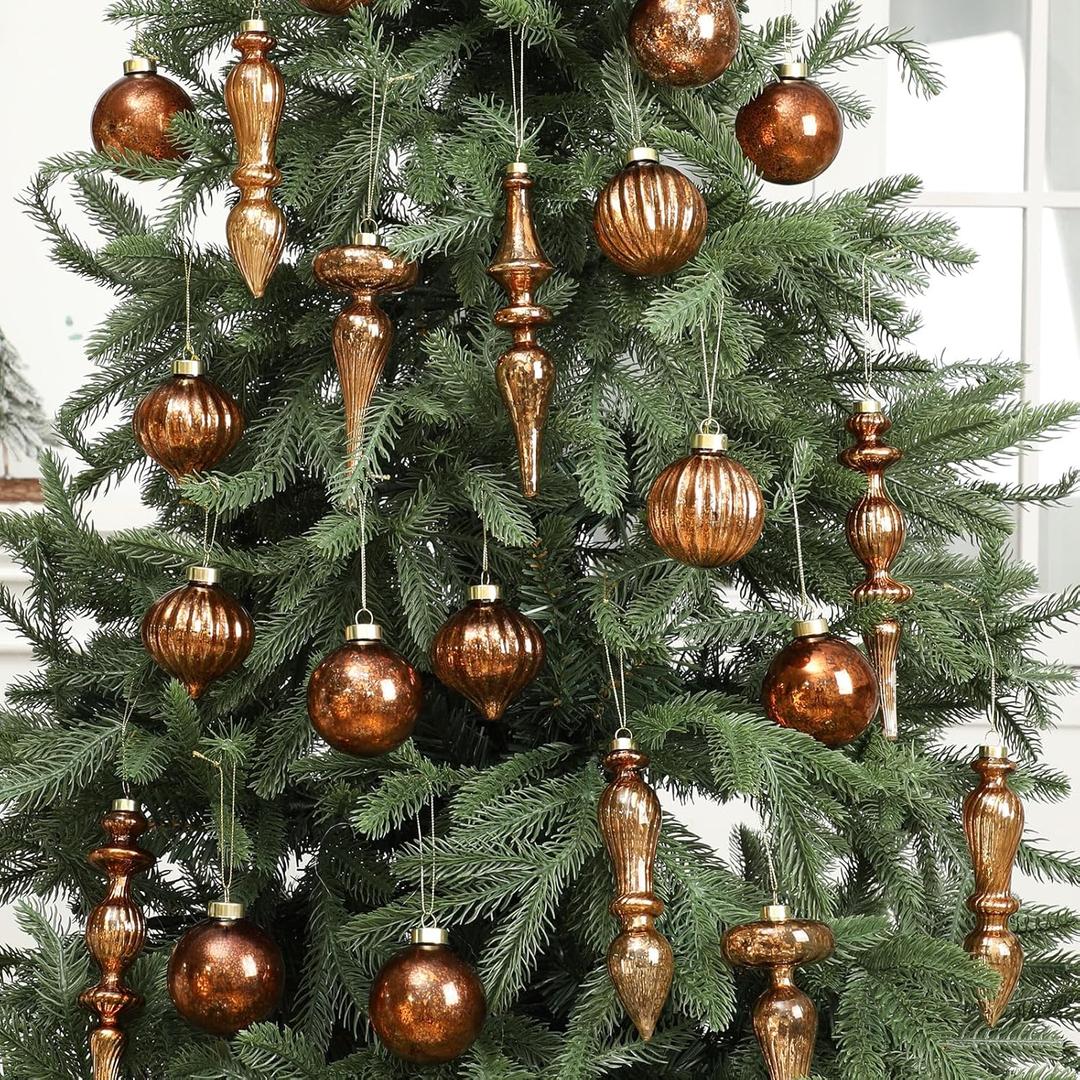 Soulchen 12 Pcs Mercury Glass Christmas Hanging Ornaments Vintage Glass Balls Finial with Different Shapes for Xmas Tree Decor Christmas Baubles for Holiday Winter Decoration(Brown)