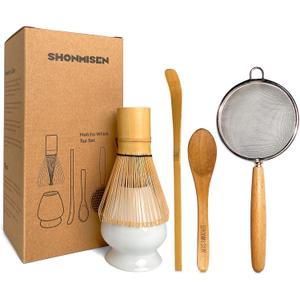 SHONMISEN Bamboo Matcha Whisk Set -Matcha Whisk (Chasen),Whisk Holder(White),Sifter,Tea Scoop and Tea Spoon