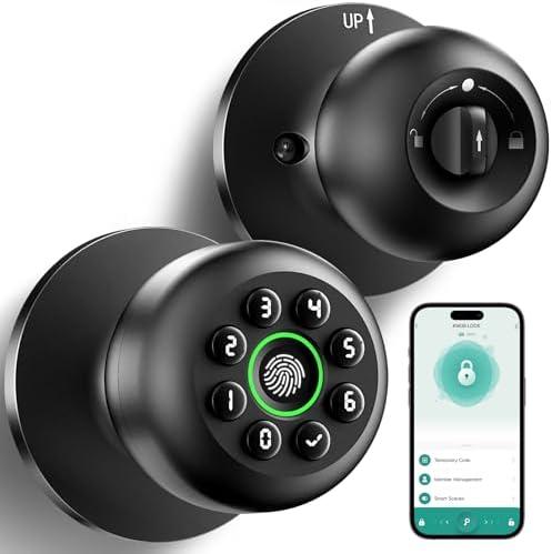 Fingerprint Door Lock, Smart Fingerprint Door Knob with Keypad, Biometric Door knobs with App Control, Auto Lock Door Lock with Code, Keyless Door Knob with Locks for Bedroom, Home,Office-Matte Black