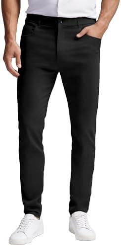 PLEPAN Men's Slim Fit Stretch Dress Pants 5 Pocket Comfort Slacks Tapered Trousers with Expandable Waist, Black M