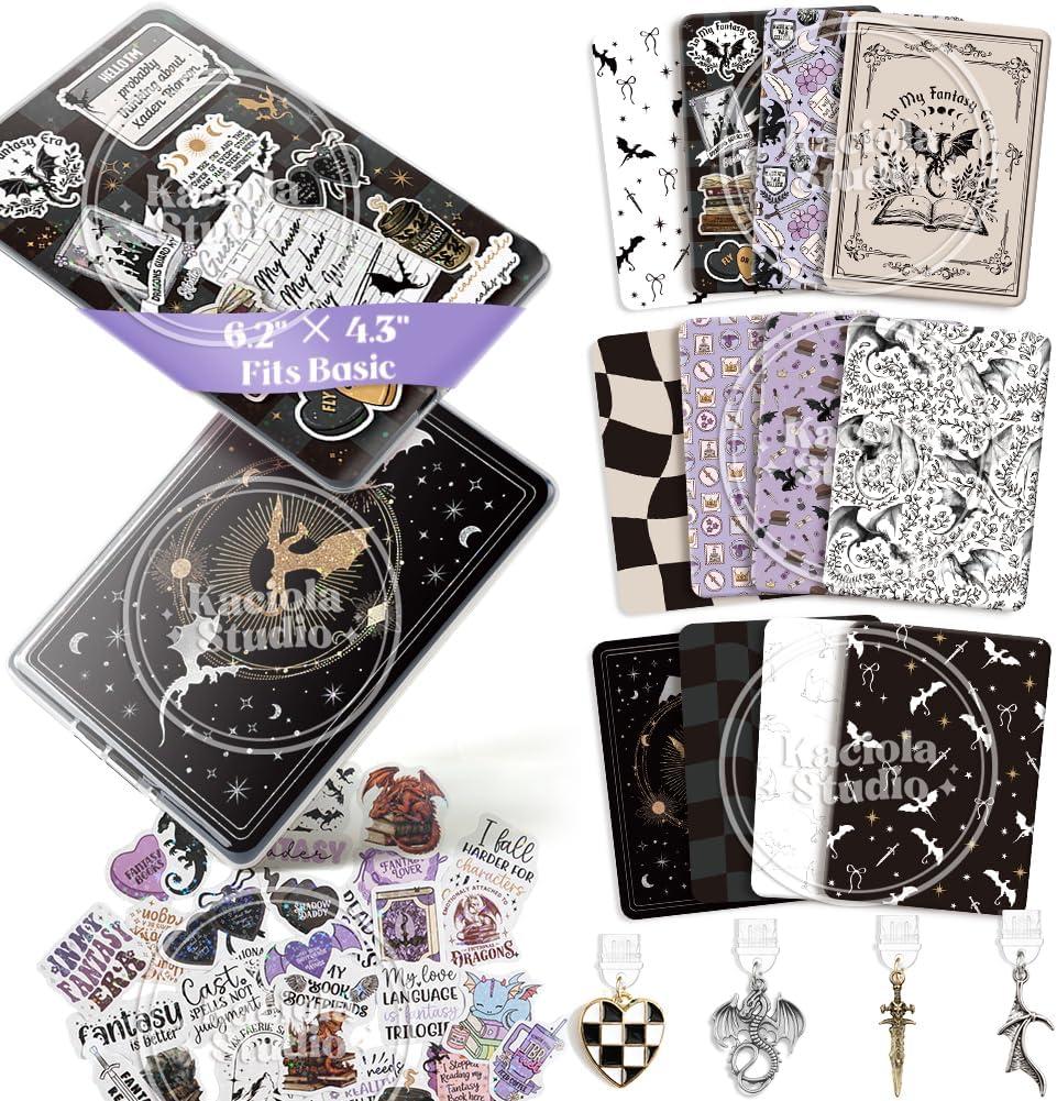 Kaciola 12PCS Inserts Cardstock for E-Reader, 50PCS Stickers for Clear Case Insert, 6.2"x4.3" Fantasy Theme Inserts Compatible with E-Reader Basic, Gifts for Booklovers