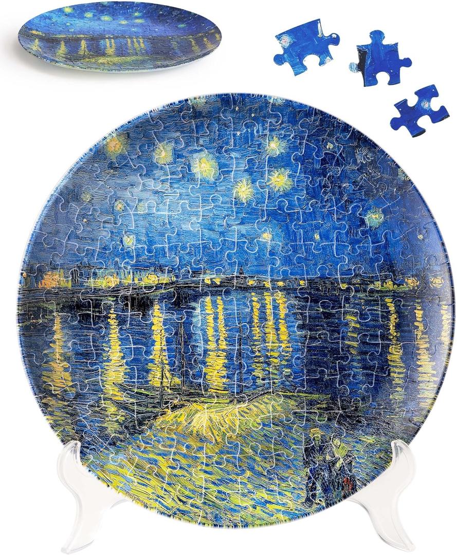 PieceRelax 3D Puzzle Plate 124 Pieces - Van Gogh - Starry Night Over the Rhone - Jigsaw Puzzle for Adults, Decorative Plate with Durable Plastic Pieces, Ideal Gift for Home or Office Dcor [PL1003]