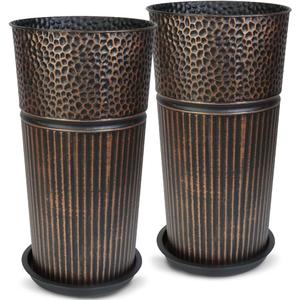 2 Pcs Pack 25 Inches Metal Tall Tapered Planter Pots Large Galvanized Steel Round Planter Flower Pot with Drainage Holes for Indoor Outdoor Deck Porch Garden Home Patio Front Door (antique copper, M)
