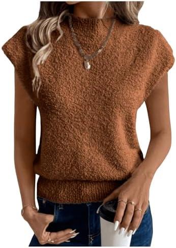 SHENHE Women's Mock Neck Cap Sleeve Knit Sweater Top Fuzzy Casual Sweater Vest Pullover (Apricot) M