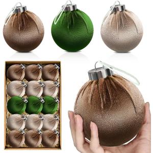 Christmas Tree Ornaments Velvet Ball - Xmas Tree Decorations Balls, Shatterproof Christmas Bulbs Decorations Set, Multicolor Green Brown Neutral, 80MM 3.15 Inch (15PCS)