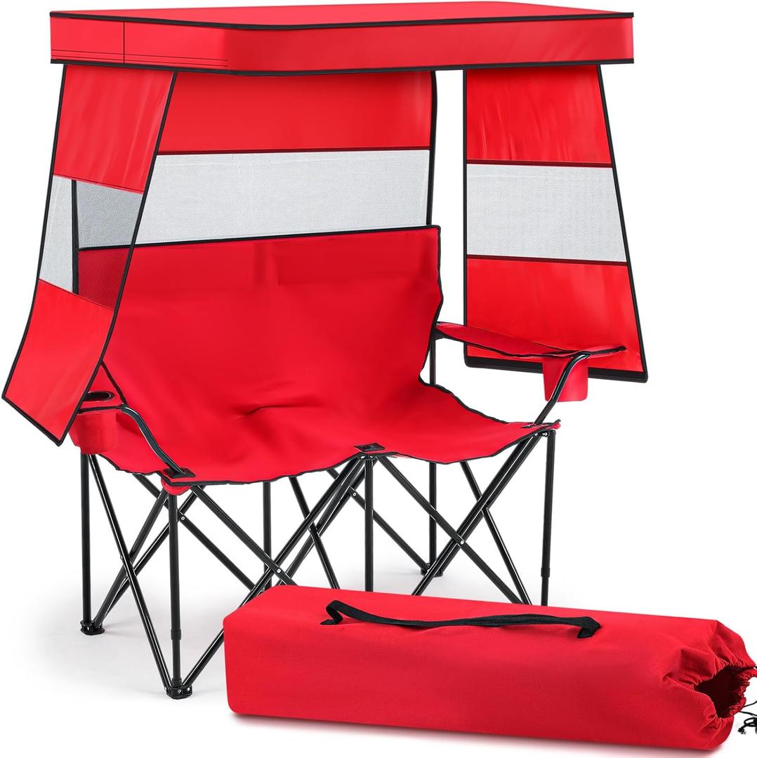 Juexica Double Camping Chair with Shade Canopy, 2 Person Folding Beach Chair with Cup Holder Carrying Bag, Heavy Duty Steel Frame Collapsible Camp Chairs for Outdoor Garden Patio Lawn Sports (Red)