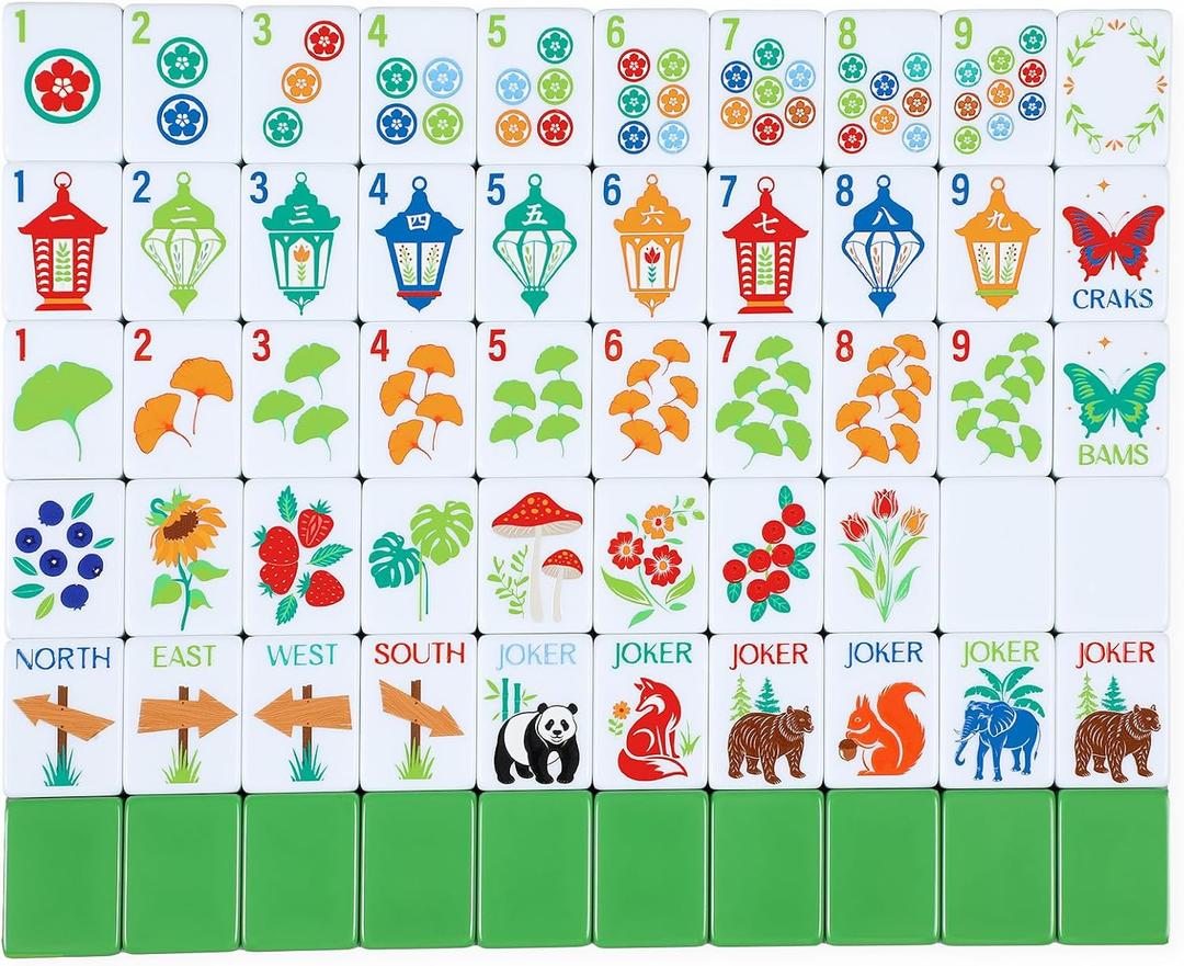American Mahjong Sets 160 Mahjong Tiles Melamine Engraved Mah Jong Ideal for Home & Party Games(Animal Theme,Green)