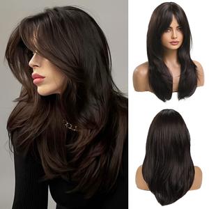 20 Inches Long Straight Dark Brown Layered Synthetic Hair Wigs with Bangs for Women Daily Party Use