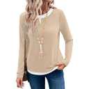 LilyCoco Womens Long Sleeve T-Shirts Casual Basic Fall Crewneck Layered Shirt, Beige, Large