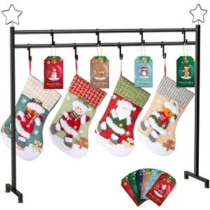 Christmas Stocking Holder Stand with 4 Stockings, Metal freestanding Christmas Stocking Hanger with 8 Hooks, Christmas Decorative Gift, Black