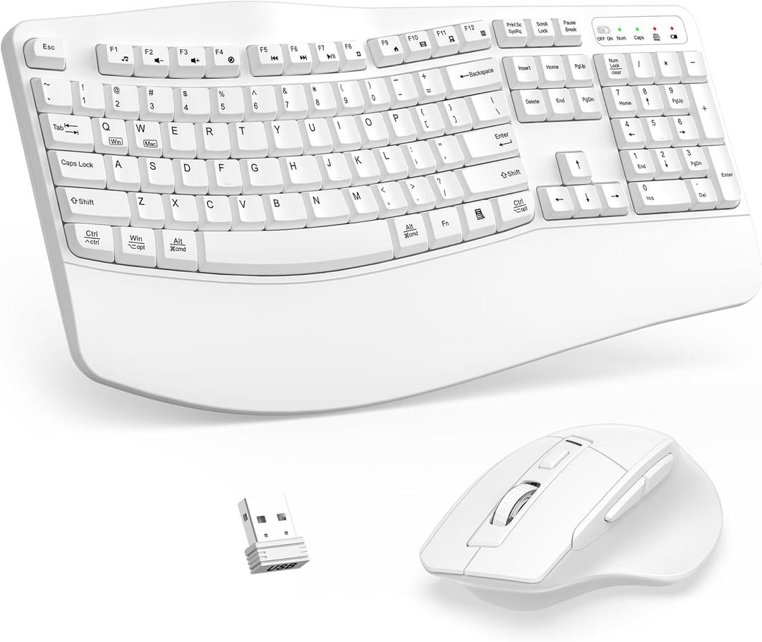 Wireless Keyboard and Mouse Combo, 2.4G Full Size Wave Keys Ergonomic Keyboard with Wrist Rest and 3-Level DPI Adjustable Wireless Ergonomic Mouse for Windows, Mac OS Desktop/Laptop/PC (White)