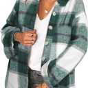 SHEWIN Womens Long Sleeve Button Down Plaid Shirts Flannel Hooded Shacket Jacket Hoodie Coats (Green, XXL)