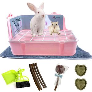 Guinea Pig Litter Box Corner Bunny Toilet Small Animal Potty Training with Dustpan Broom Chew Toys for Chinchilla Ferret Hedgehog Gerbil (10 Pcs) (Pink)