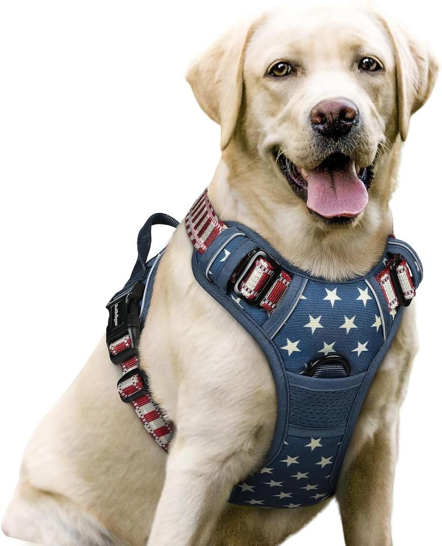 rabbitgoo Dog Harness No Pull with 2 Leash Clips, Adjustable Soft Padded, Reflective Oxford No Choke Pet Vest with Easy Control Handle for Large Dogs, Blue Star, Large