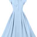 Women Short Sleeve Tie Neck Vintage Cocktail Party Dress Buttons Down 50s Flared A-Line Casual Office Work Prom Swing Dress (Medium, Lake Blue)