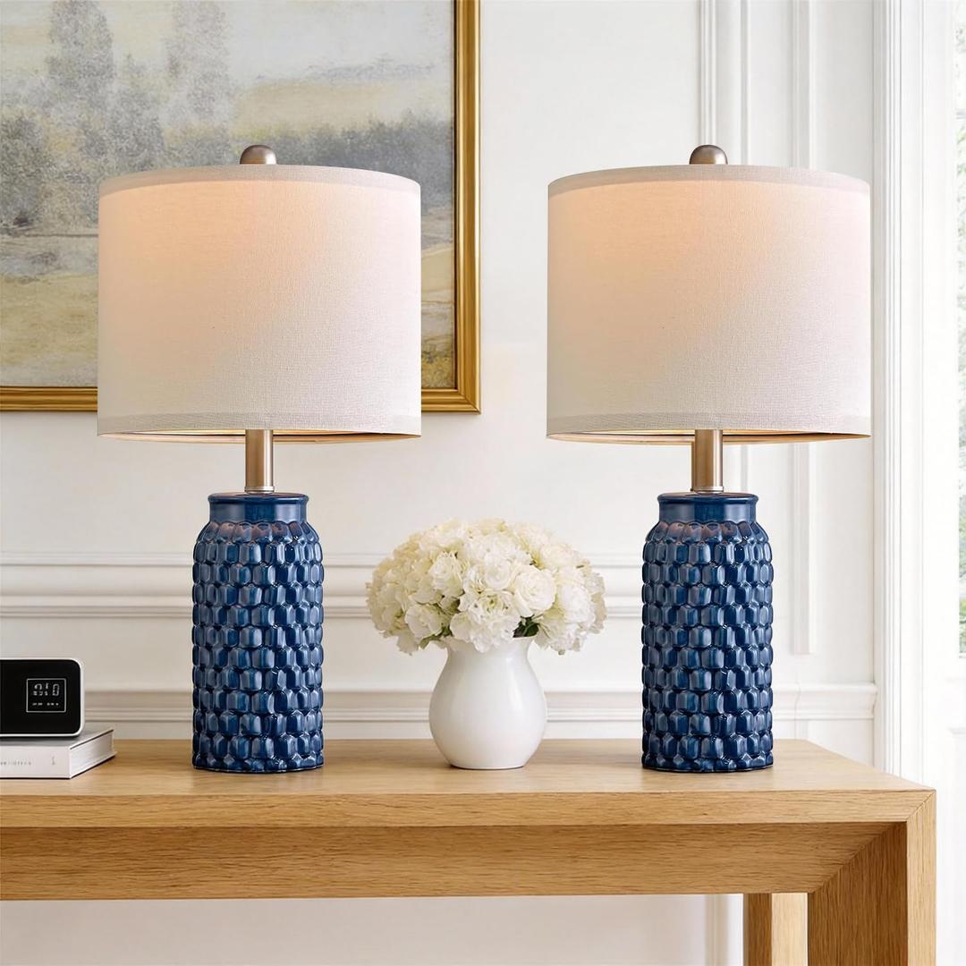 USumkky 20.5 inches Modern Ceramic Dark Blue Bedside Lamp Set of 2 for Bedroom Decor Farmhouse Table Lamp for Living Room Office Dorm
