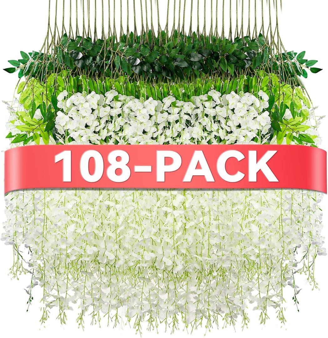 Alotiki Wisteria Hanging Flowers,108 Pack Fake Hanging Flowers,Wisteria Artificiales Garland for Home Wedding Arch Floral Party Garden Ceremony Outdoor Decor,3.6 Feet Long(108,White)