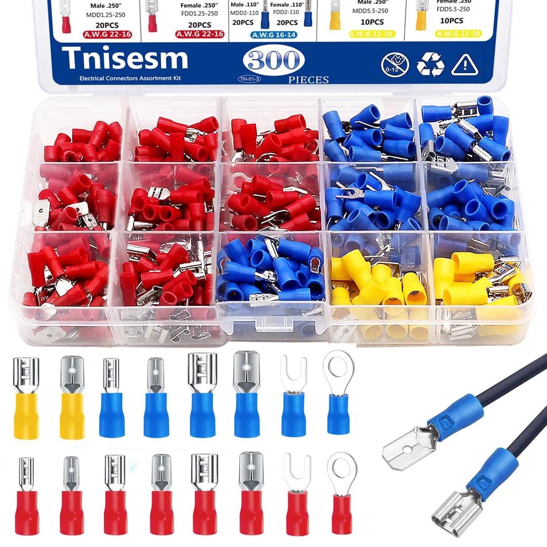 Tnisesm 300Pcs Spade Connector,Crimp Connectors 2.8mm 4.8mm 6.3mm Male and Female Spade Connector kit, 16 Types Crimp Terminals Electrical Connectors Includes Spade Ring Fork Wire Connectors