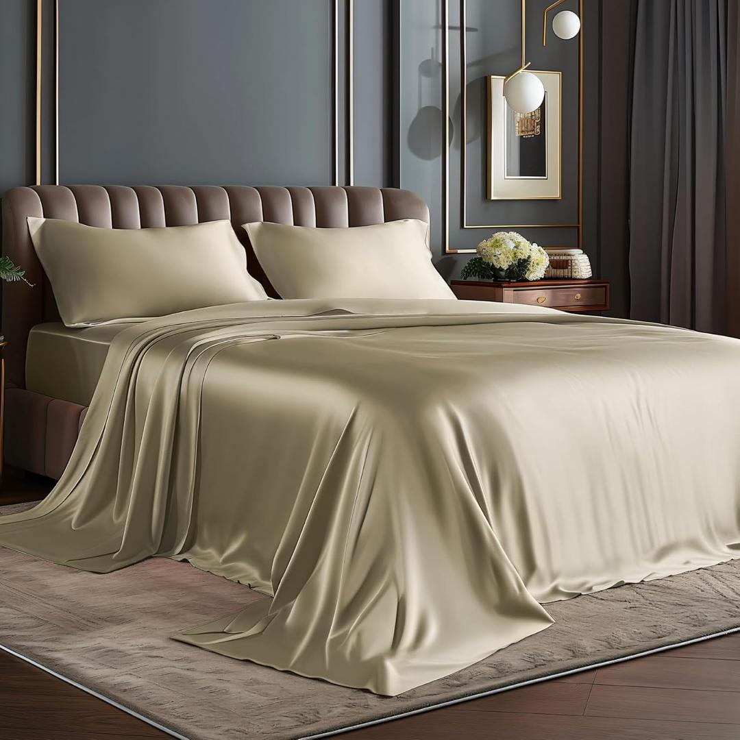 BEDELITE Satin Sheets Queen Size Bed Set, Luxury Soft Taupe Silky Sheets for Hair and Skin, Similar to Silk Bed Sheets Set 4 Pieces with 1 Deep Pocket Fitted Sheet, 1 Flat Sheet, and 2 Pillowcases