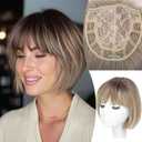 Hair Topper for Women 10 Inch Short Bob With Bangs, Side Part for Thinning Hair Synthetic Wig Piece Drak Blonde with Drak Root
