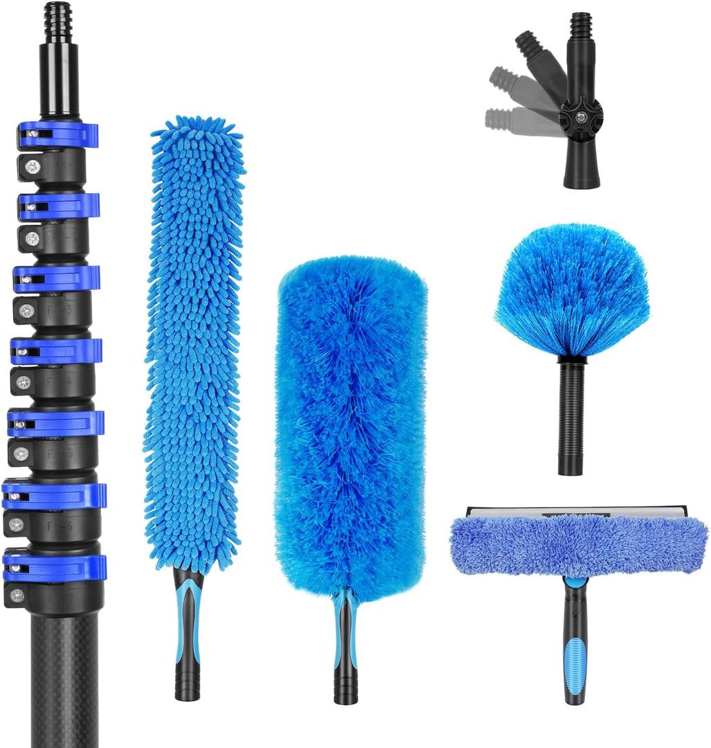 36 Foot High Ceiling Duster Kits with 4.7-30FT Carbon Fiber Extension Pole | extendable, lightweight, carbon fiber pole, feather duster, cobweb duster, ceiling fan duster, window squeegee & cleaner