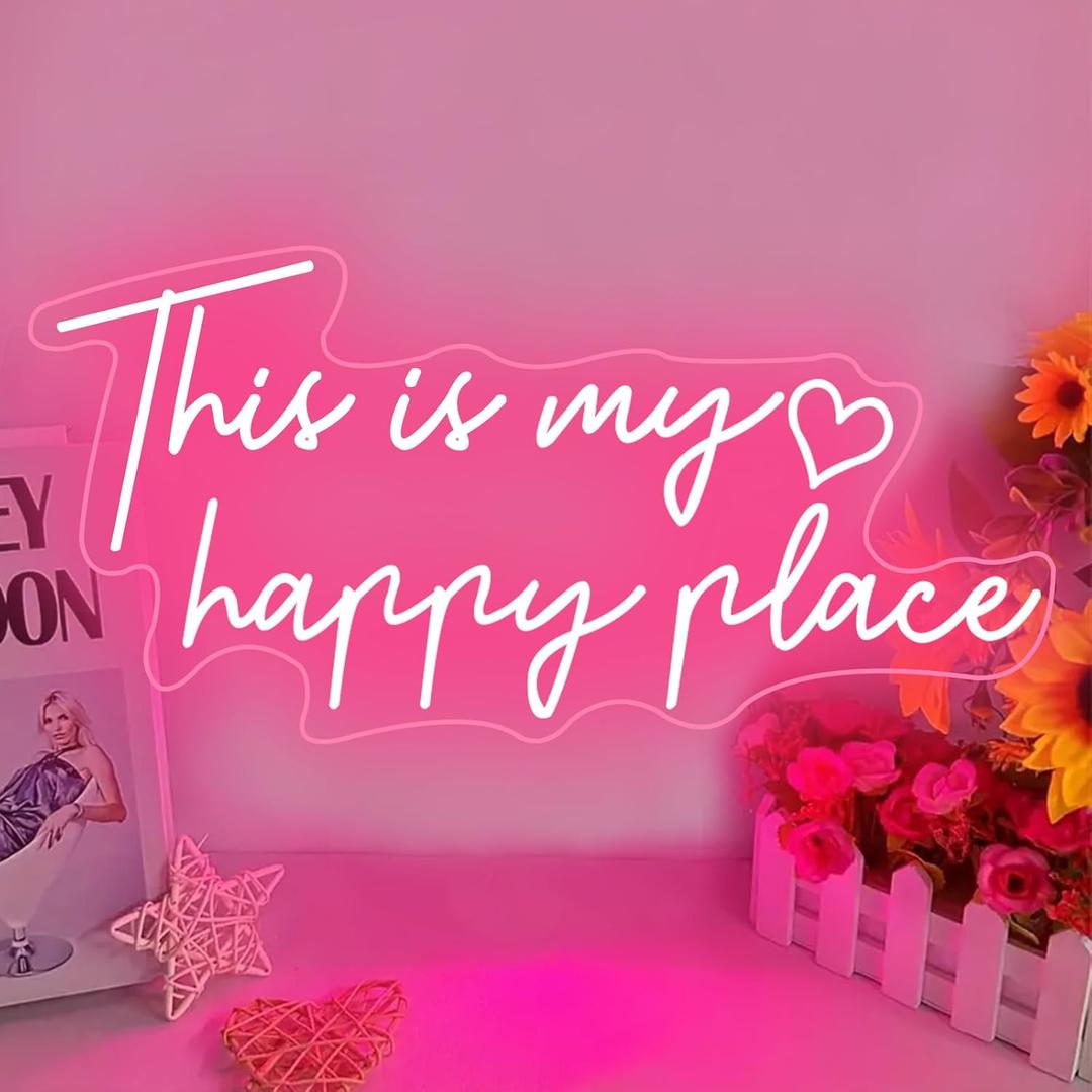 This is My Happy Place Neon Sign Pink LED Neon Sign Aesthetic Room Decor for Teen Girls Neon Light Signs for Bedroom, Salon, College Dorm, Classroom, Wedding Party Decor Gift