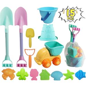 IOKUKI Long Shovels Sand Toys Set with Mesh Bag Including Dump Truck, Beach Buckets, Shovels, Rakes, Molds, Outdoor Beach Toys Tool Kit for Kids, Toddlers, Boys and Girls (15 PCS) Age 3+
