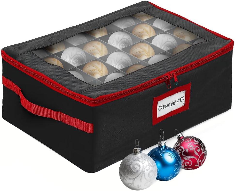 HOLDN STORAGE Christmas Ornament Storage Box with Dividers - Fits 48-3 Ornaments, 2 Removable Trays, Durable & Space-Saving, Clear Top Lid, Fits Underbed, Charcoal (Black)