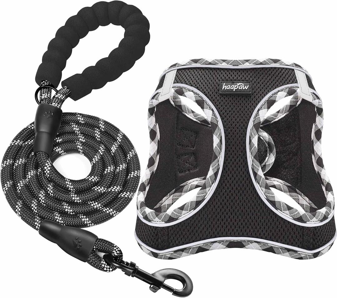 Haapaw Dog Harness with Leash Set, No Pull Adjustable Reflective Step-in Puppy Harness with Thickened Padded Vest for Extra-Small/Small Medium Dogs, Size L (Black)