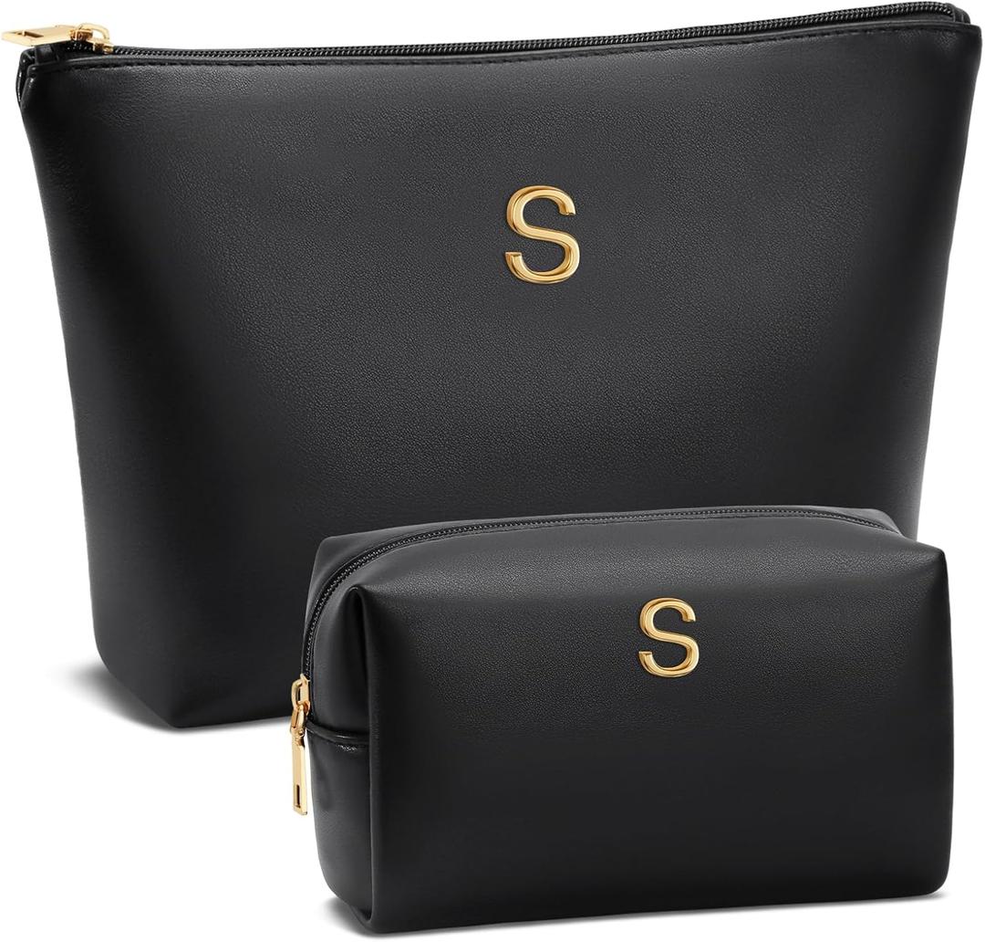 Mom Gifts| Initial Makeup Bag Set for Women Girls Personalized Gifts for Bridesmaid Teachers Graduation Friend Female PU Leather Cosmetic Travel Toiletry Bag(Black,S)