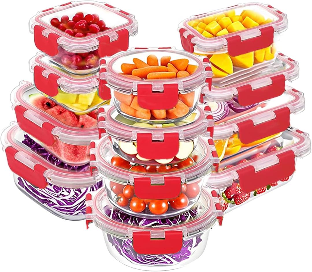 VERONES 12 Packs Glass Food Storage Containers Set, Airtight Glass Lunch Containers, Glass Meal Prep Containers with Lids, Exclusive of BPA, for Microwave, Oven, Freezer & Dishwasher Friendly, Red