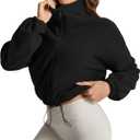 Cropped Fleece Winter Jacket for Women Cozy Sherpa Long Sleeve Coat with Secure Side Pockets (Medium, Black)