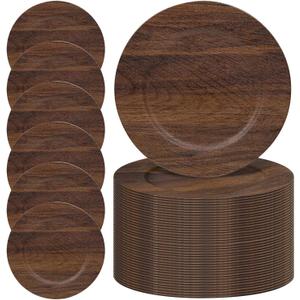 MAONAME 50 PC Charger Plates Bulk, 13" Brown Charger for Dinner Plates, Farmhouse Faux Wood Plate Chargers, Plastic Table Chargers for Weddings, Party