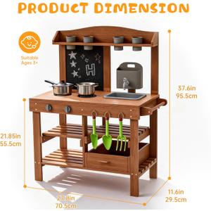 Mud Kitchen for Outdoor, Wooden Outdoor Pretend Kitchen with Sink, Water Slide, Faucet, Stove, Chalkboard and Storage Shelves M3