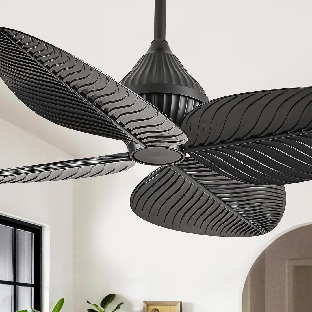 52" Black Tropical Ceiling Fans, Flush Mount Palm Leaf Ceiling Fan no Light, Indoor Ceiling Fans Without Light for Living Room Bedroom Kitchen Covered Gazebo, APP and Remote Control