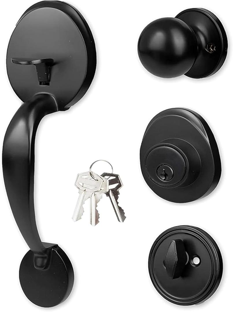 Front Door Handle and Round Deadbolt Door Key Lock,Entry Door Handle Set with Cove Knob,Exterior Door Lock Set,for Interior and Exterior Entrance Passage Door Lock Matte Black