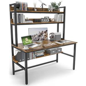Aquzee Computer Desk with Hutch Bookshelves, 55 Inch Home Office Writing Desk with Space Saving Design, Gaming Table Organized Desk with Storage Shelves Bookshelf Easy Assemble, Rustic Brown