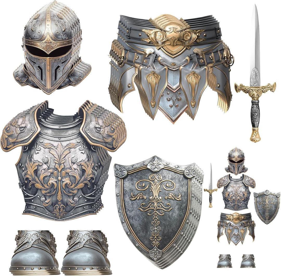 12 Sets Medieval Knight Armor Costume Craft Kit Knight Party Decorations Paper Helmets Armor Toy Swords Shield Costume Favor Gift for Halloween Medieval Dress up Activity Party Favor Decoration