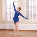 ODASDO Figure Skating Dress for Women Mesh Long Sleeve Sparkly Sequin Rhinestones Skirted Leotard Gym Ballet Dancewear (Blue, L)
