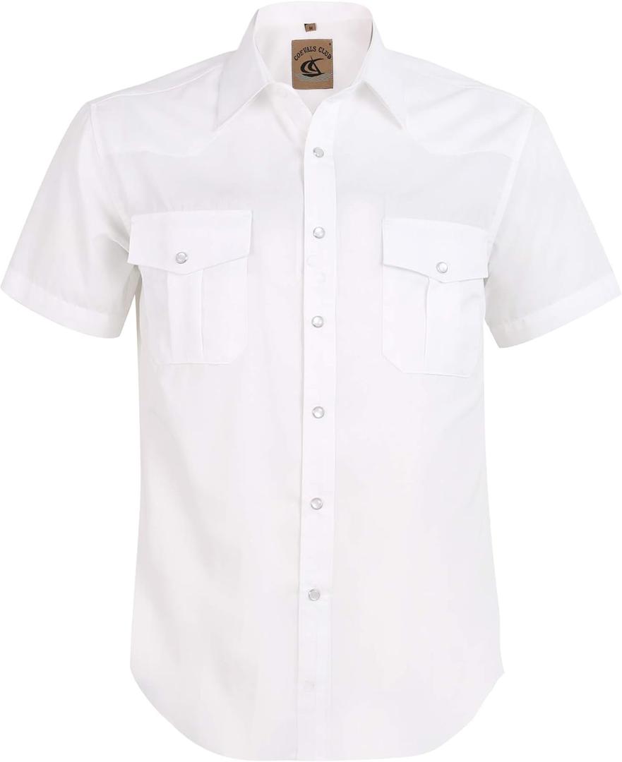 Mens Western Cowboy Pearl Snap Short Sleeve Casual Two Pockets Work Solid Derss Button Up Wrinkle Free Shirts L