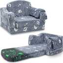 Comfy Toddler Couch and Chair for Kids with Blanket, 2-in-1 Soft Plush Fold Out Kids Sofa Chairs for Girls and Boys, Convertible Sofa to Lounger for Playroom, Glowing Starry Sky (Blue)