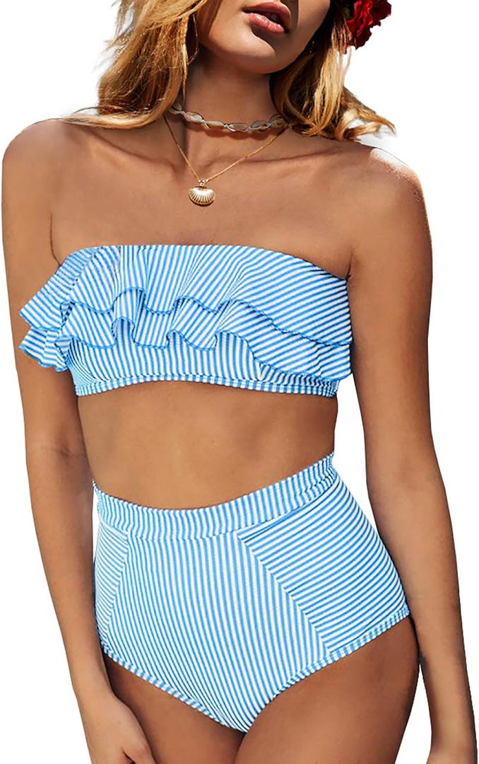 Saodimallsu Women High Waisted 2 Piece Bikini Set Bandeau Ruffle Swimsuit Top Striped Bathing Suits (Large, Blue)