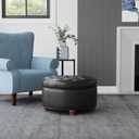HomePop 25" Button Tufted Round Storage Ottoman - Black Faux Leather, 25"D x 25"W x 15"H