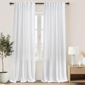 White Back Tab Rod Pocket Linen Sheer Curtains for Living Room 52x102 Inches Long