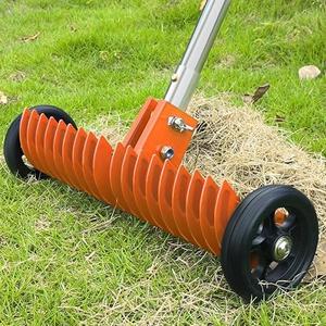 JouZYA Lawn Thatch Rake, 15-Inch Steel Dethatching Tool, Adjustable 0-15° Angle and 38-68 Inch Length, Heavy-Duty Yard Rake for Dead Grass Removal and Lawn Care (Tangerine)