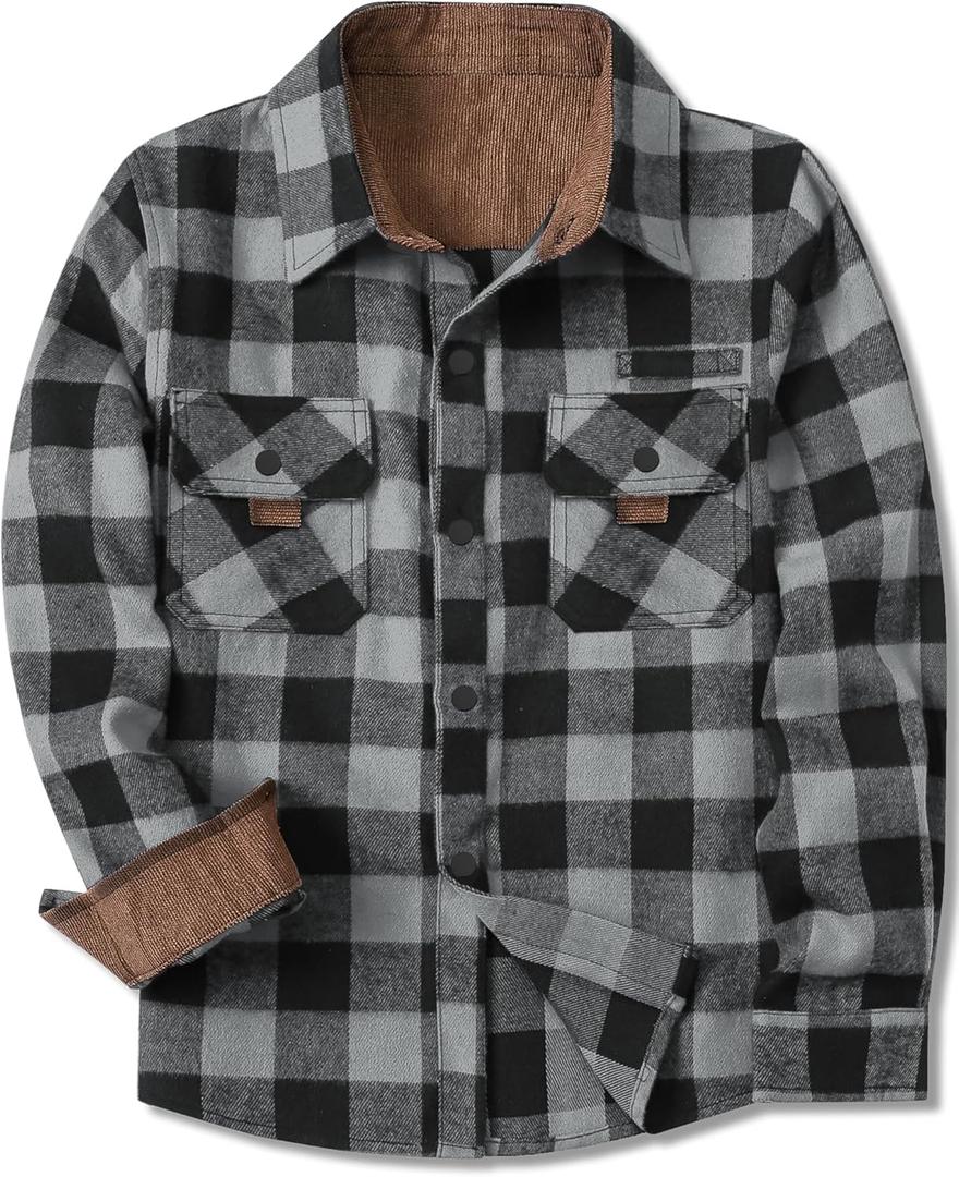 SANGTREE Boys and Mens Flannel Shirts Long Sleeve Button Down Plaid Shirts with Corduroy Collar (S)
