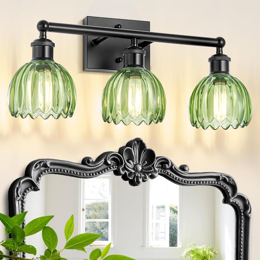 Bathroom Lighting Fixtures Over Mirror,3 Light Vintage Vanity Light,20 in Antique Black Bathroom Sconce with Green Tulip Glass Shade for Bedroom Living Room,Dressing Table,Hallway,E26 Base