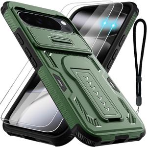 for Google Pixel 10 Pro XL Case with 2 Pack Screen Protector, Upgrade Slide Camera Cover, Kickstand, Lanyard Strap, Military Grade Shockproof Protective Heavy Duty Non-Slip Phone Case, Green