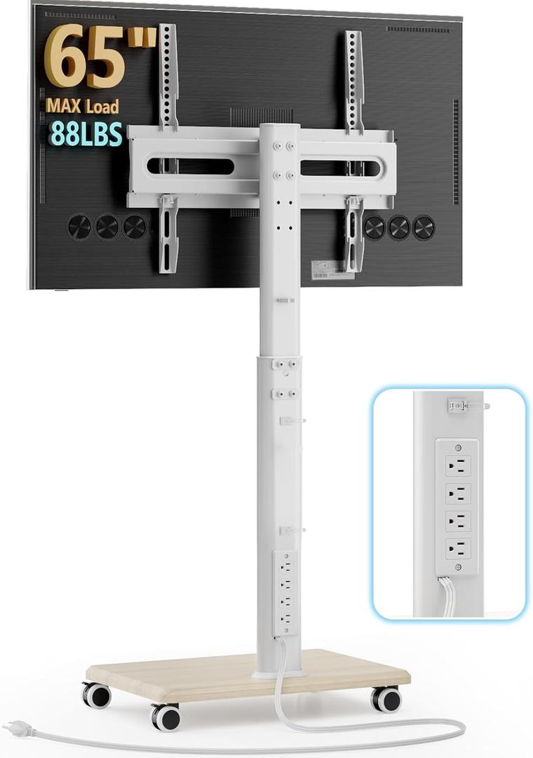 AX WABER Mobile TV Stand with Power Outlets, Floor Portable TV Stand with Wheels for 27-65Inch LCD LED OLED Flat/Curved Panel Screen TVs, Swivel,Height Adjustable&Wood Base, RollingTV Cart White (Grain)